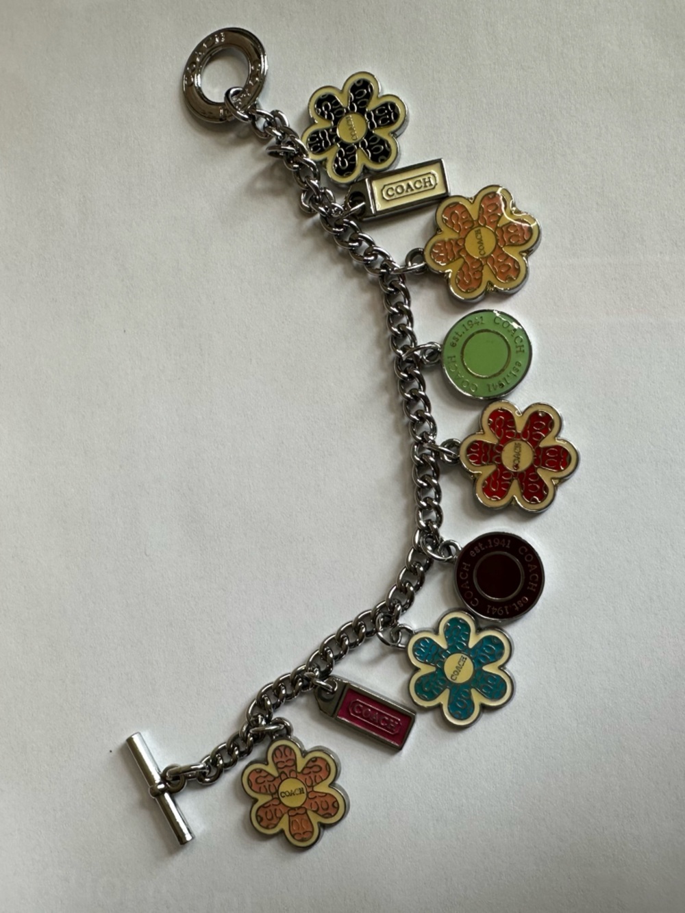 Coach Multicolor Enamel Flower Charm Toggle Bracelet in Excellent Condition